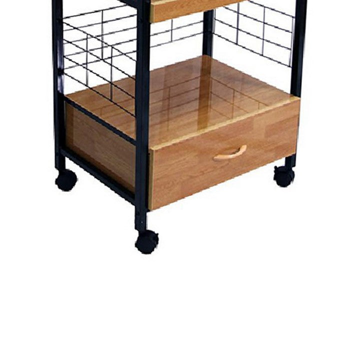 Wood and Metal Frame Microwave Cart with Power Outlet, Black and Brown