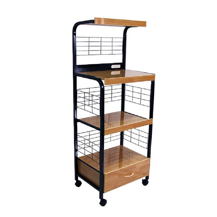 Wood and Metal Frame Microwave Cart with Power Outlet, Black and Brown