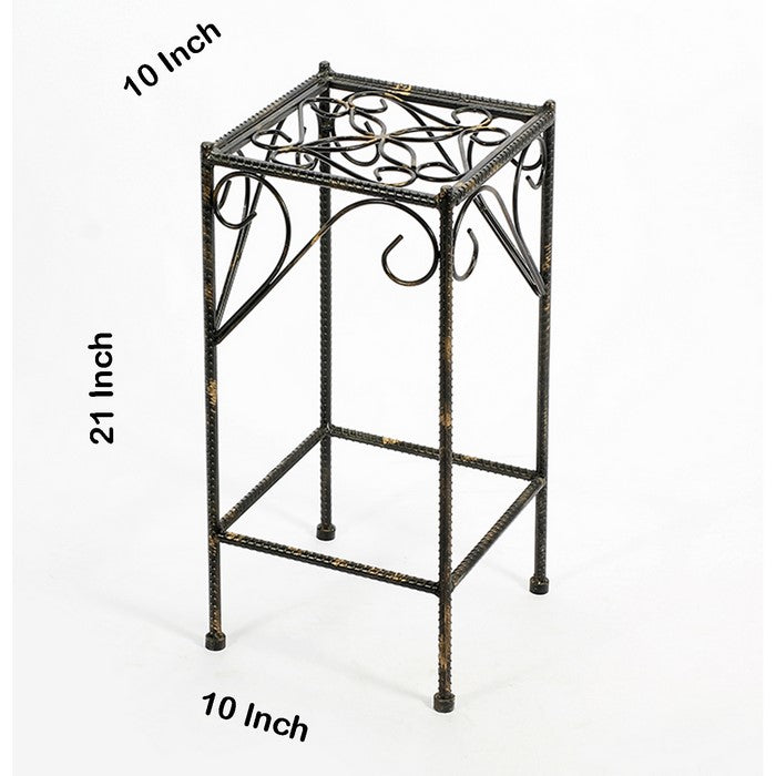 Scrolled Metal Frame Plant Stand with Square Top, Medium, Black