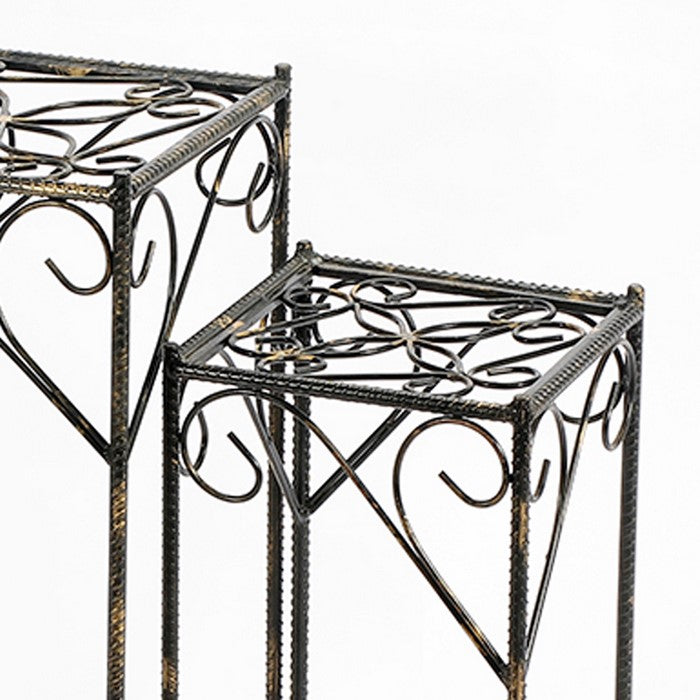 Scrolled Metal Frame Plant Stand with Square Top, Set of 2, Black