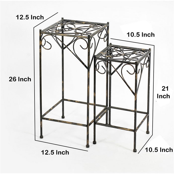 Scrolled Metal Frame Plant Stand with Square Top, Set of 2, Black