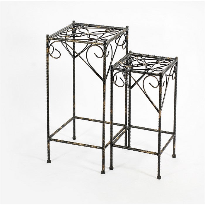 Scrolled Metal Frame Plant Stand with Square Top, Set of 2, Black
