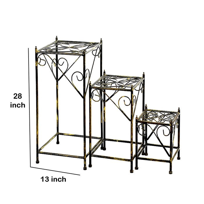Lattice Cut Square Top Plant Stand with Tubular Legs, Set of 3, Black