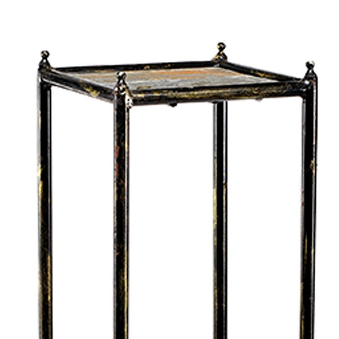 2 Tier Square Stone Top Plant Stand with Metal Frame, Medium, Black and Gray