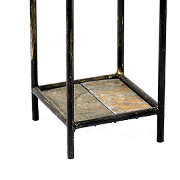 2 Tier Square Stone Top Plant Stand with Metal Frame, Medium, Black and Gray