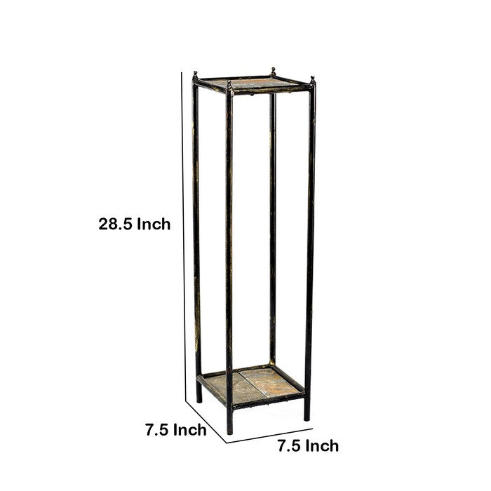 2 Tier Square Stone Top Plant Stand with Metal Frame, Medium, Black and Gray