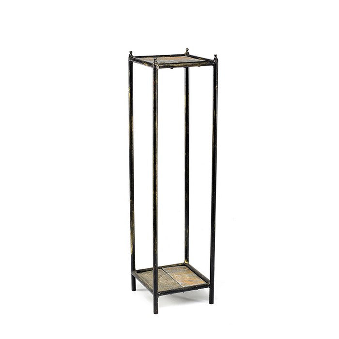 2 Tier Square Stone Top Plant Stand with Metal Frame, Medium, Black and Gray