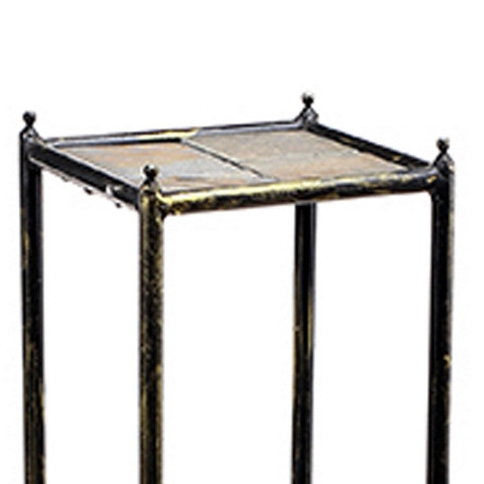 2 Tier Square Stone Top Plant Stand with Metal Frame, Large, Black and Gray