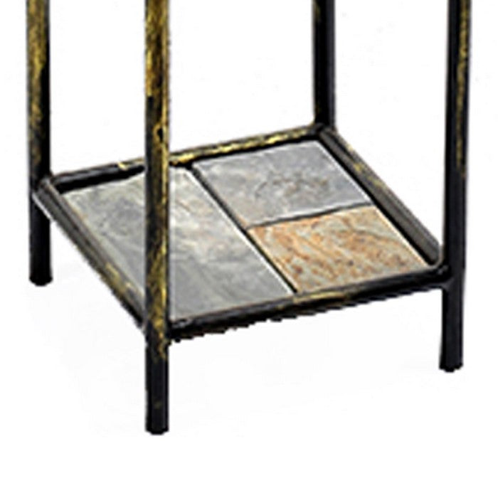 2 Tier Square Stone Top Plant Stand with Metal Frame, Large, Black and Gray