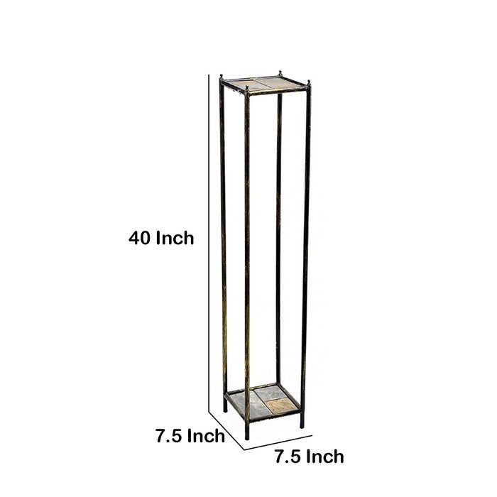 2 Tier Square Stone Top Plant Stand with Metal Frame, Large, Black and Gray