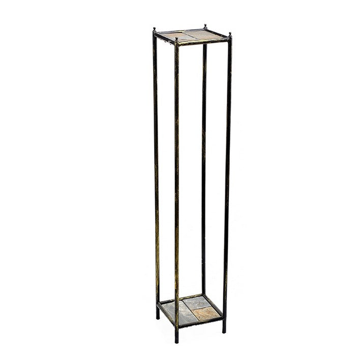 2 Tier Square Stone Top Plant Stand with Metal Frame, Large, Black and Gray