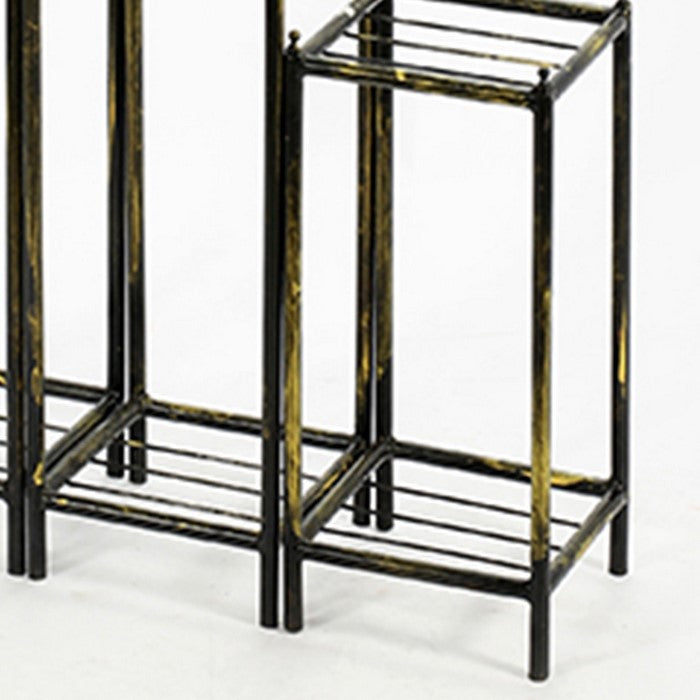 2 Tier Square Slatted Top Plant Stand, Set of 3, Black and Gold