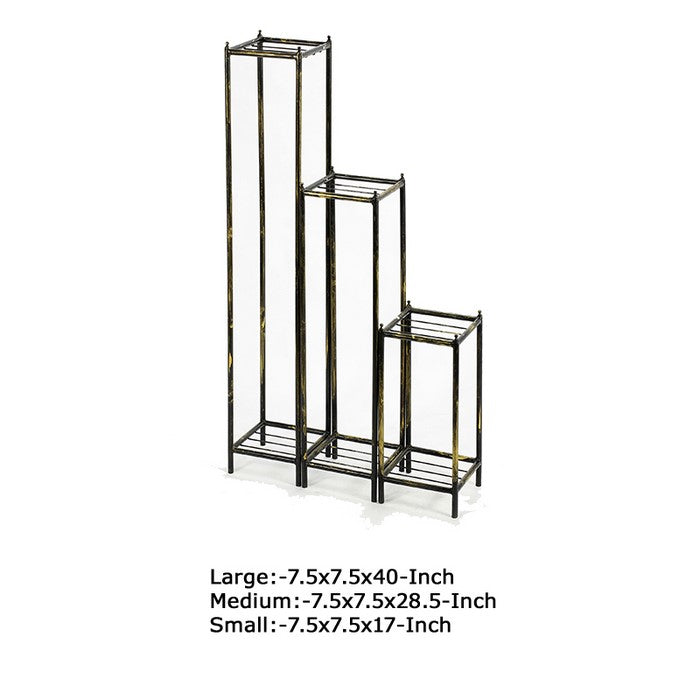 2 Tier Square Slatted Top Plant Stand, Set of 3, Black and Gold