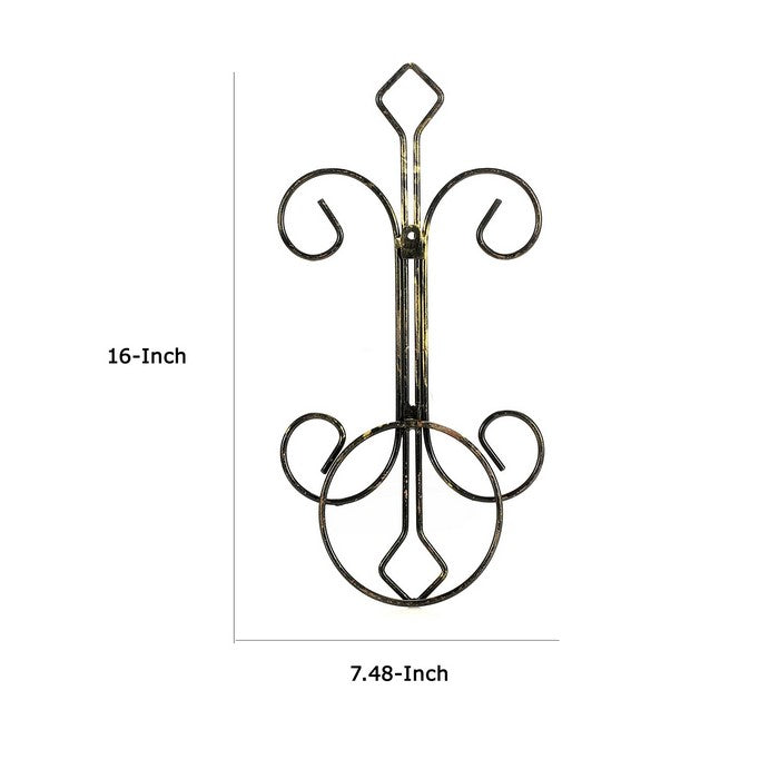 Metal Single Pot Wall Planter Decor with Scrolled Design, Black and Gold