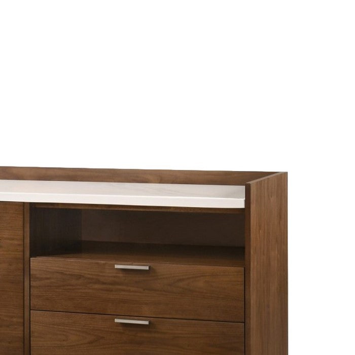 2 Drawer Buffet with Marble Top and Double Door Storage, Brown and White - BM216745