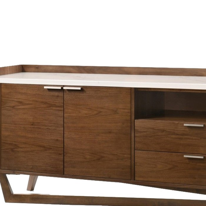 2 Drawer Buffet with Marble Top and Double Door Storage, Brown and White - BM216745