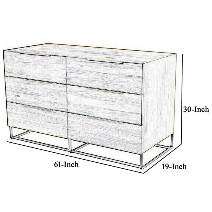 6 Drawer Wooden Dresser with Metal Handles and Wood Grain Details, Brown - BM216753