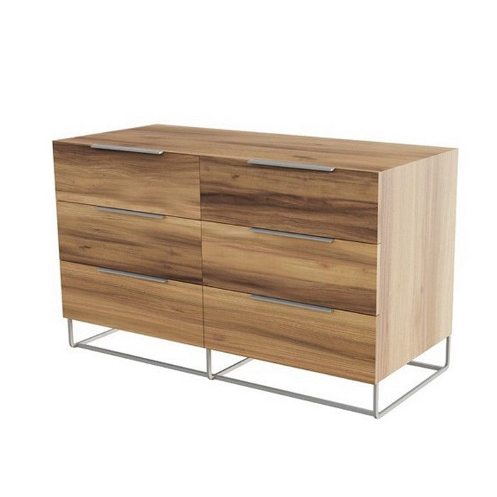 6 Drawer Wooden Dresser with Metal Handles and Wood Grain Details, Brown - BM216753