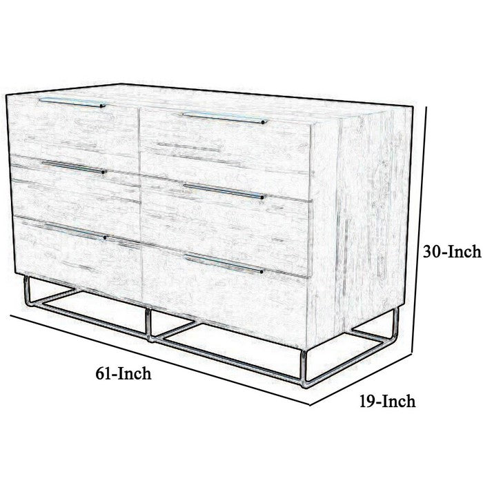 6 Drawer Wooden Dresser with Metal Handles and Wood Grain Details, Gray - BM216754