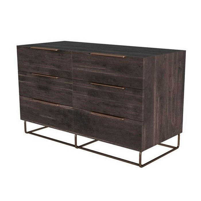 6 Drawer Wooden Dresser with Metal Handles and Wood Grain Details, Gray - BM216754