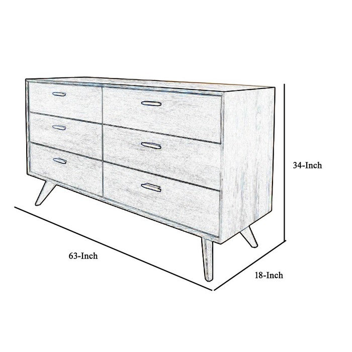 6 Drawer Transitional Style Dresser with Bar Handle and Angled Legs, Brown - BM216756