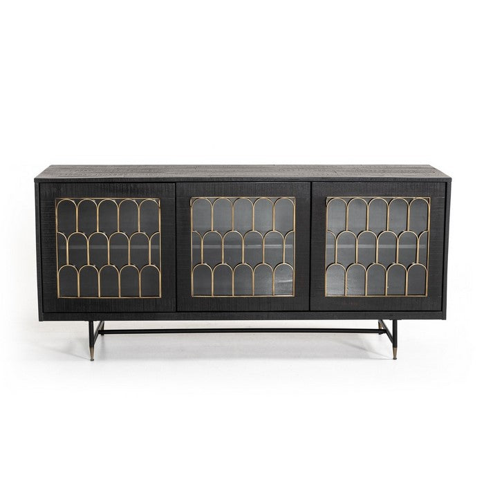 3 Door Storage Buffet with Glass Front and Arch Design, Gray and Clear - BM216760