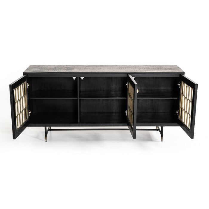 3 Door Storage Buffet with Glass Front and Arch Design, Gray and Clear - BM216760
