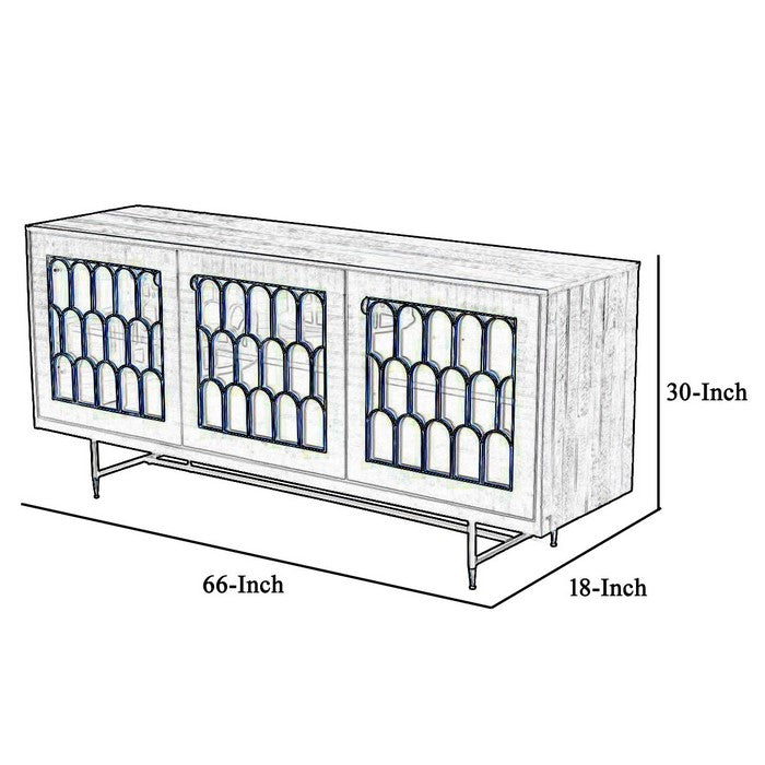 3 Door Storage Buffet with Glass Front and Arch Design, Gray and Clear - BM216760