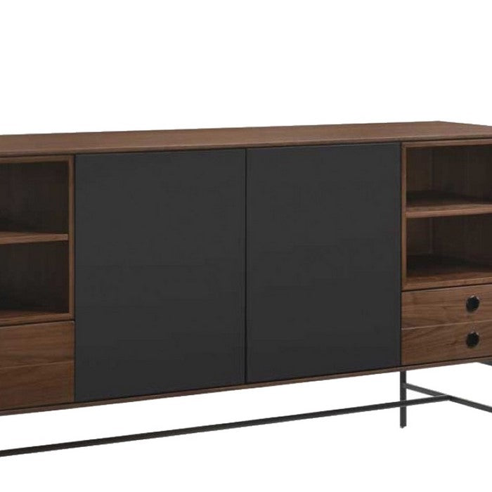 4 Drawer Buffet with 4 Open Compartments and Metal Legs, Brown and Gray - BM216766