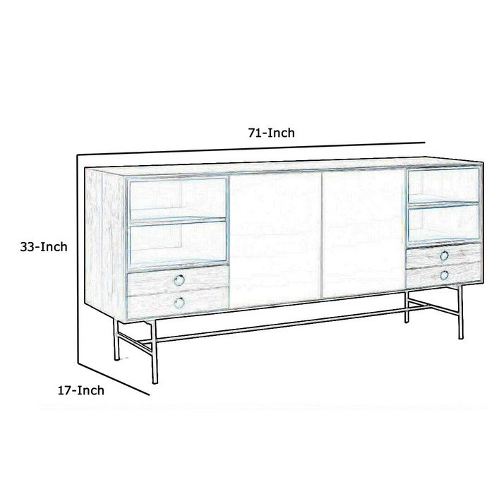 4 Drawer Buffet with 4 Open Compartments and Metal Legs, Brown and Gray - BM216766