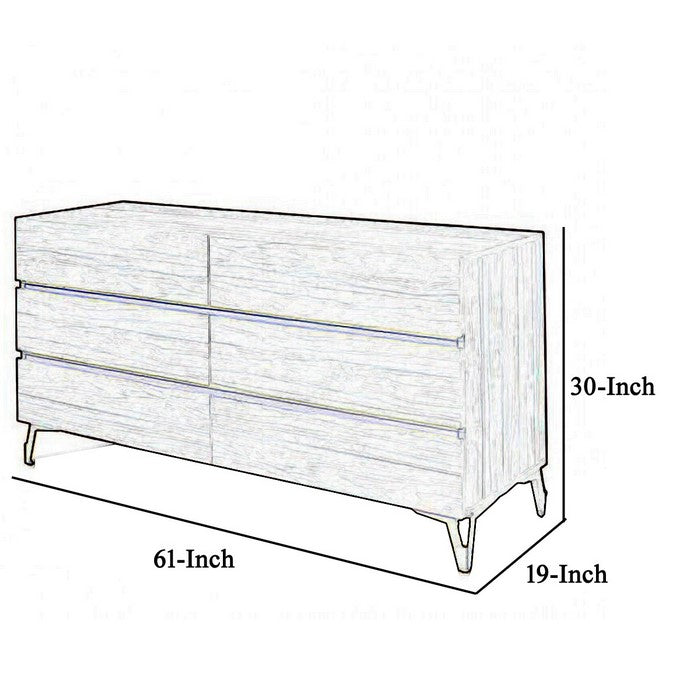 6 Drawer Dresser with Gold Trim Accents and Metal Bracket Feet, Brown - BM216769