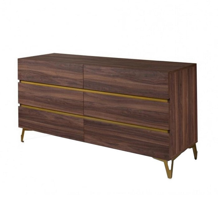 6 Drawer Dresser with Gold Trim Accents and Metal Bracket Feet, Brown - BM216769