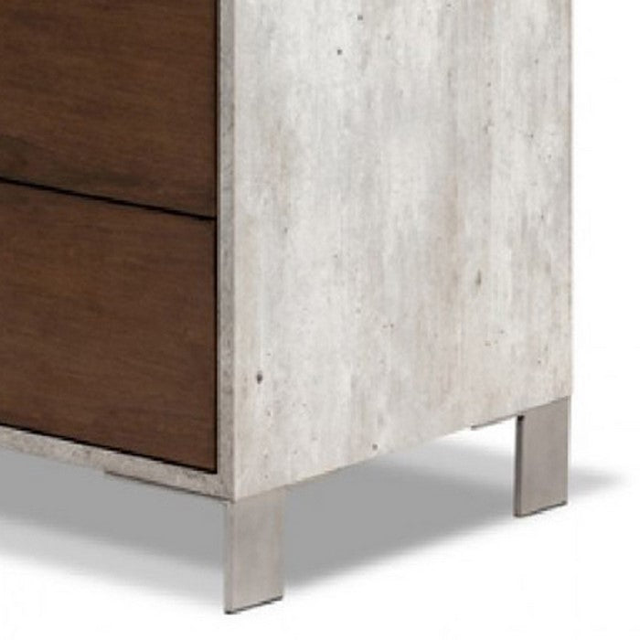 5 Drawer Chest with Faux Concrete Frame and Bar Handles, Gray and White - BM216773