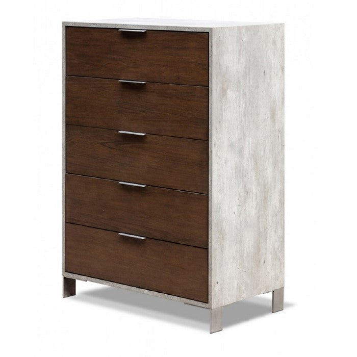 5 Drawer Chest with Faux Concrete Frame and Bar Handles, Gray and White - BM216773