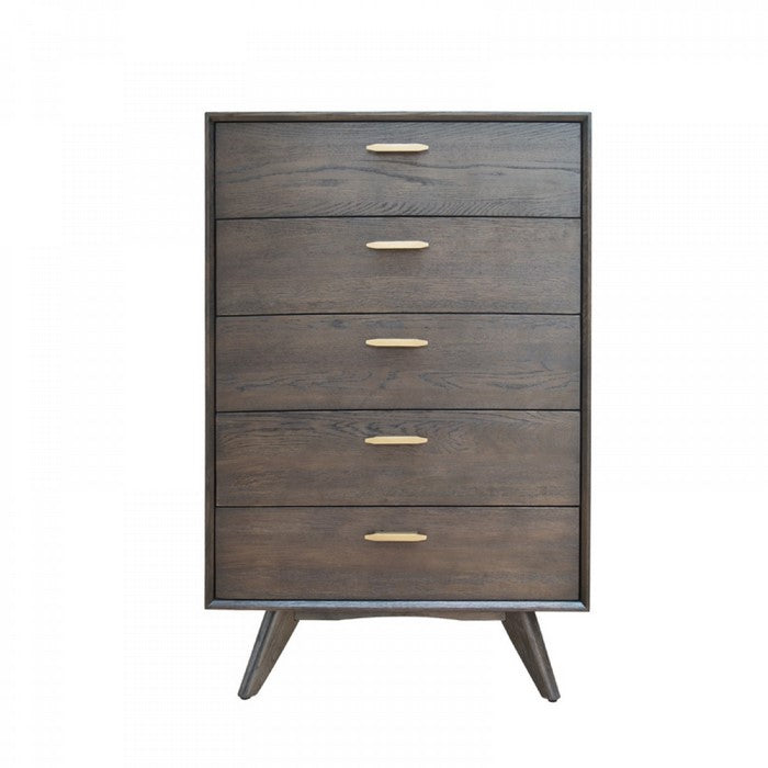 5 Drawer Chest with Antique Brass Handles and Angled Legs, Brown - BM216776