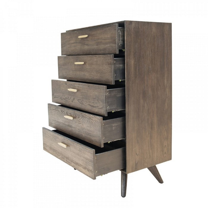 5 Drawer Chest with Antique Brass Handles and Angled Legs, Brown - BM216776