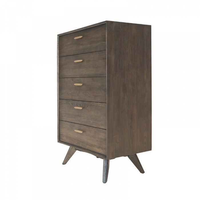 5 Drawer Chest with Antique Brass Handles and Angled Legs, Brown - BM216776