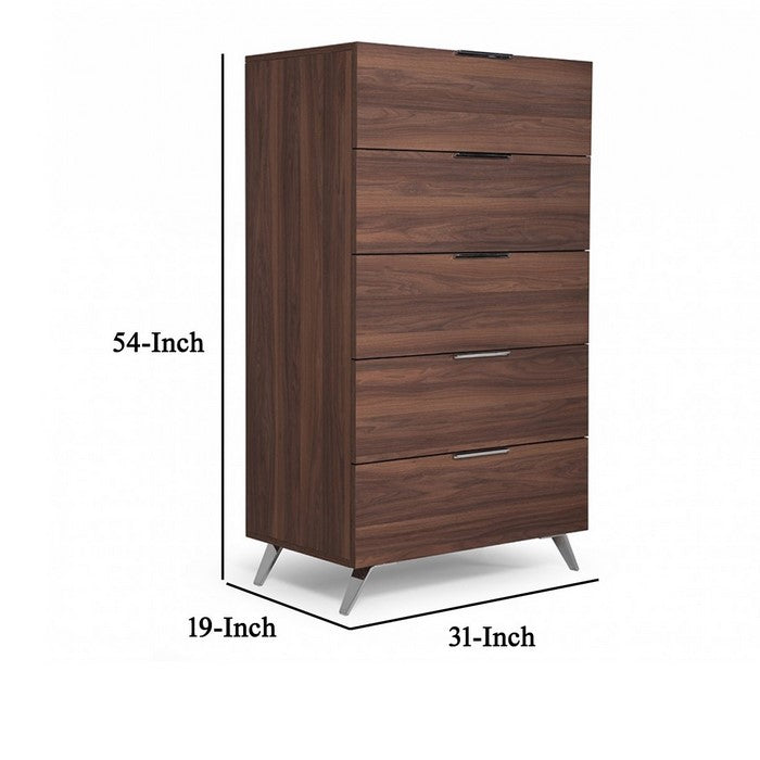 5 Drawer Chest with Metal Handles and Wood Grain Details, Brown - BM216777