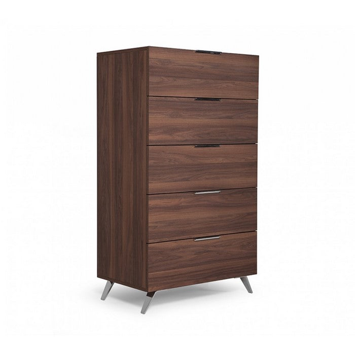 5 Drawer Chest with Metal Handles and Wood Grain Details, Brown - BM216777