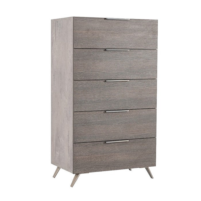 5 Drawer Chest with Metal Handles and Wood Grain Details, Gray - BM216778