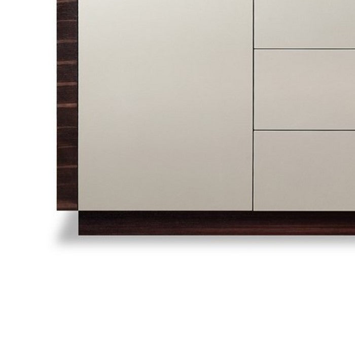 3 Drawer Buffet with 2 Single Door Storage and Plinth Base, Gray and Brown - BM216781