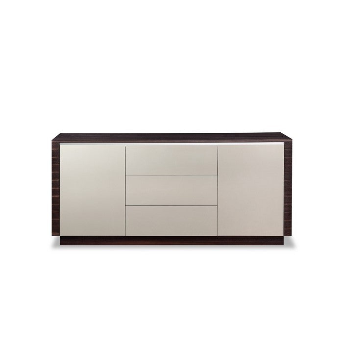 3 Drawer Buffet with 2 Single Door Storage and Plinth Base, Gray and Brown - BM216781