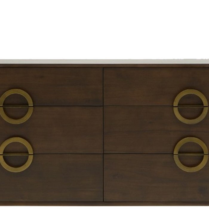 6 Drawer Dresser with Semi Circle Brass Pulls and Floor Protectors, Brown - BM216782