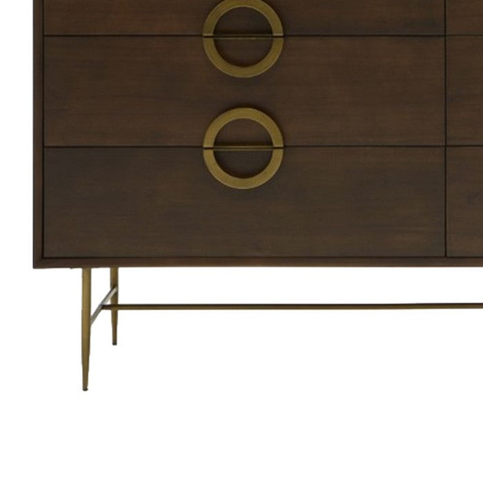 6 Drawer Dresser with Semi Circle Brass Pulls and Floor Protectors, Brown - BM216782