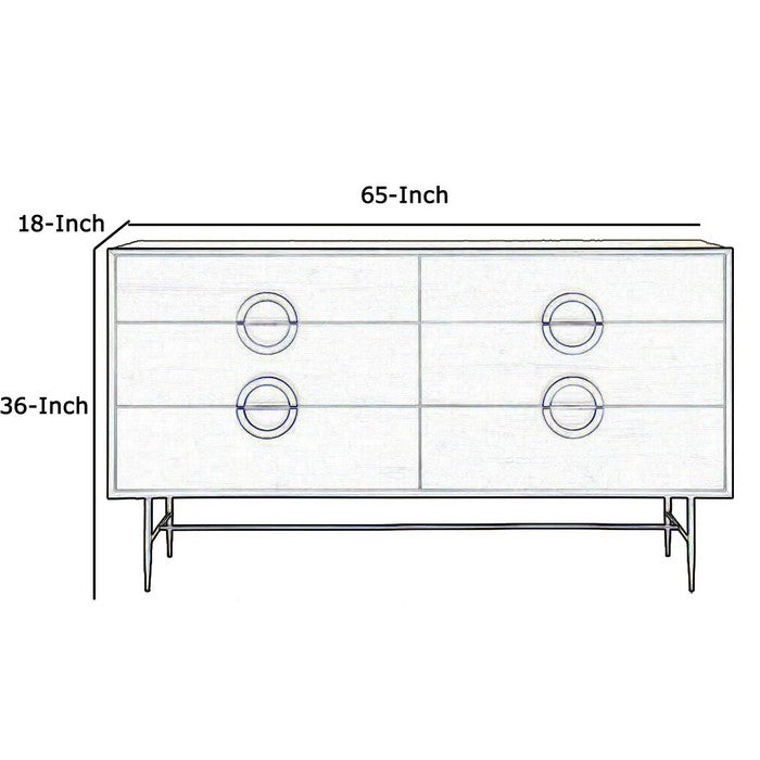 6 Drawer Dresser with Semi Circle Brass Pulls and Floor Protectors, Brown - BM216782