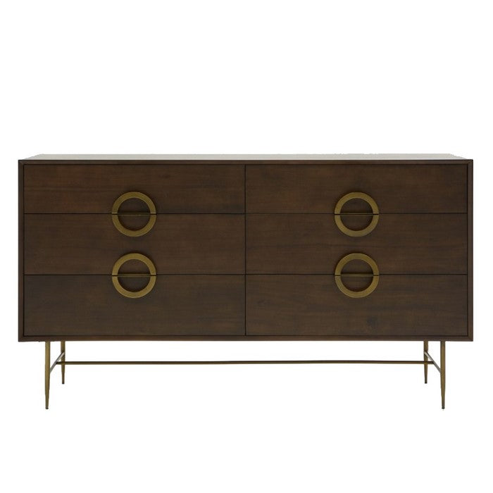 6 Drawer Dresser with Semi Circle Brass Pulls and Floor Protectors, Brown - BM216782