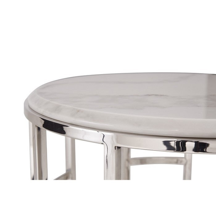 Contemporary Marble Top Coffee Table with Open Geometric Base, Silver - BM216784