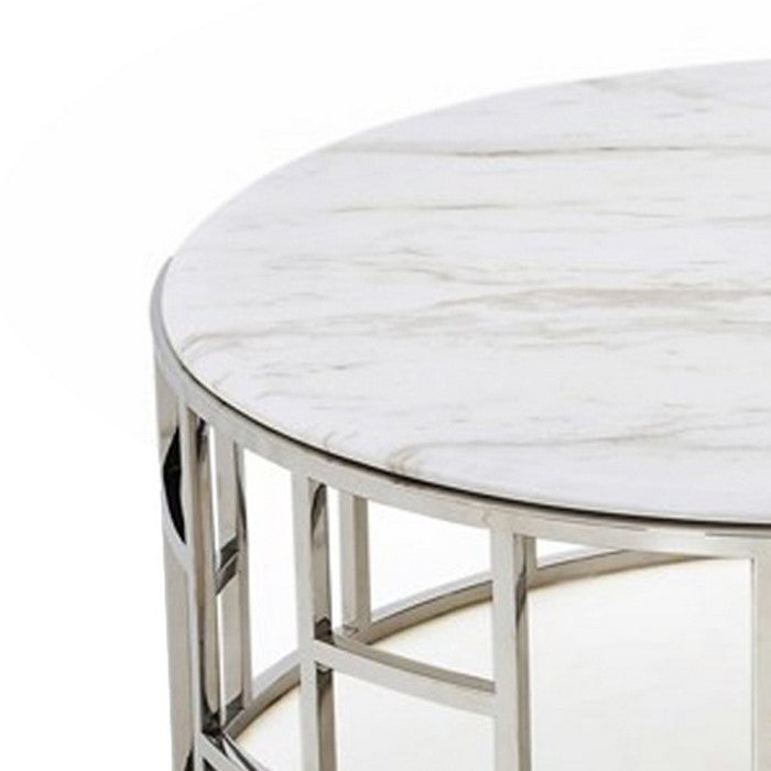Contemporary Marble Top Coffee Table with Open Geometric Base, Silver - BM216784