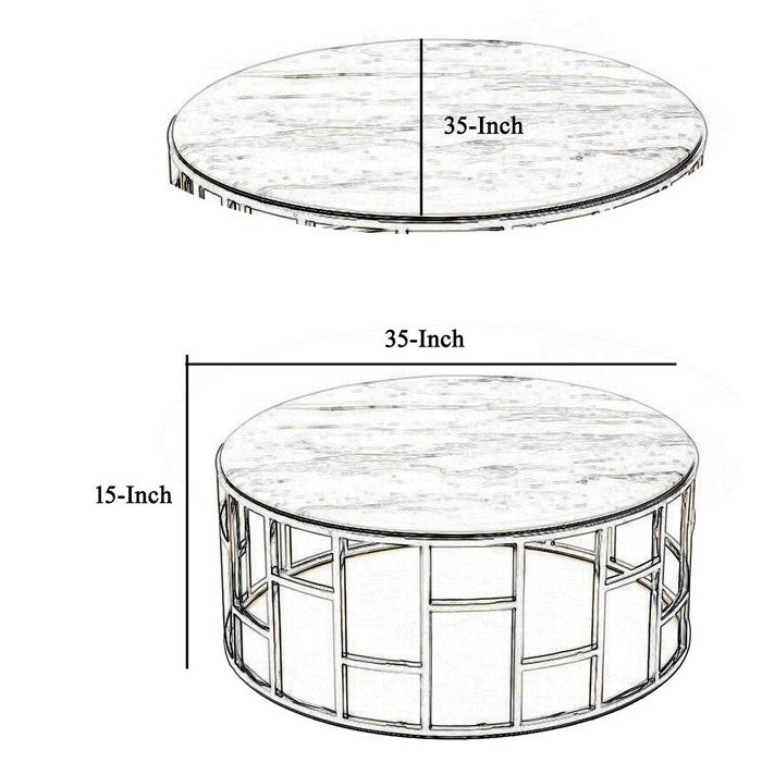 Contemporary Marble Top Coffee Table with Open Geometric Base, Silver - BM216784