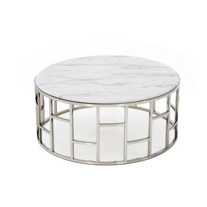 Contemporary Marble Top Coffee Table with Open Geometric Base, Silver - BM216784